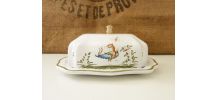 Beurrier, faïence estampillée Feret à Moustiers décor oiseau