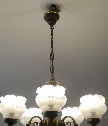 Lustre ancien  5 branches bois/métal et verre.