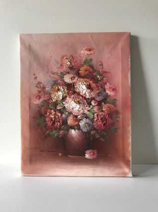 Tableau ancien huile sur toile bouquet rose 