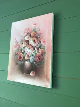 Tableau ancien huile sur toile bouquet rose 