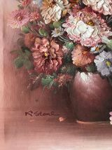 Tableau ancien huile sur toile bouquet rose 