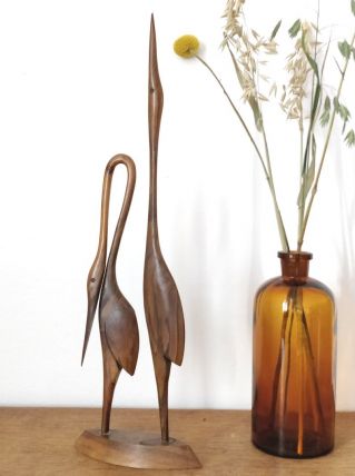 Couple de hérons vintage en bois sculpté