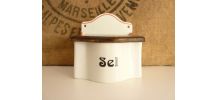 Jolie boîte à sel en céramique blanche et rouge et couvercle