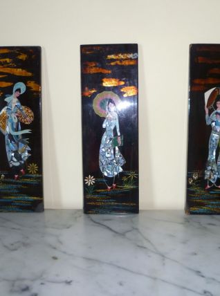 3 panneaux laqués et incrustés de nacre vietnam