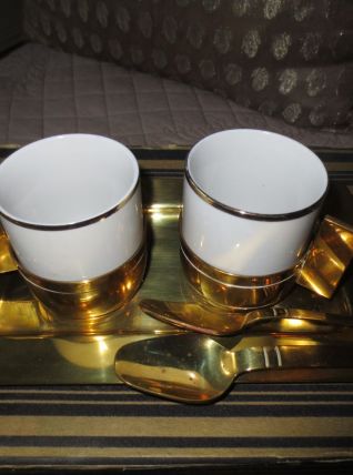rare service à café Art Deco,laiton et porcelaine