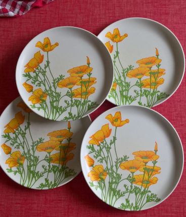 LOT DE 4 ASSIETTES DE PIQUE NIQUE FLEUR JAUNE
