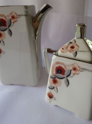 Cafetière carrée et sucrier porcelaine décorée