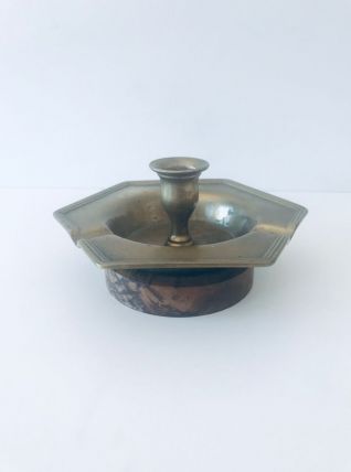 Cendrier ancien bronze et noyer, bougeoir ancien
