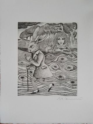Gravure originale signée G. GIANNINI Alice au pays des M