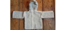 Pull bébé capuche laine beige &amp;amp; écrue, fait main 3 à 6 mois