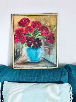 Peinture ancienne, nature morte bouquet de pivoines, huile s