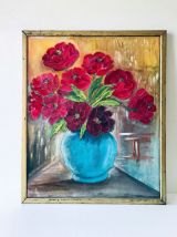 Peinture ancienne, nature morte bouquet de pivoines, huile s