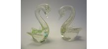 2 cygnes Murano verre blanc incrustés vert et blanc