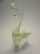 2 cygnes Murano verre blanc incrustés vert et blanc