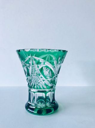 Vase art déco en cristal double vert taillé