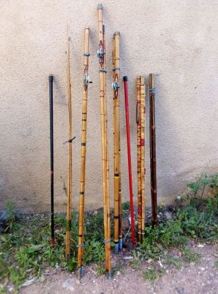 Lot de canne a peche en bambou avec molinet