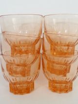 Lot de 6 verres anciens, verre pressé rose, apéritif digesti