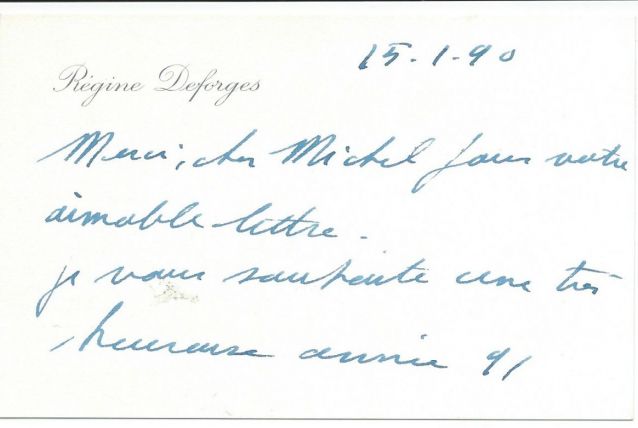 Carte autographe à en-tête 16x10 signée Régine Deforges