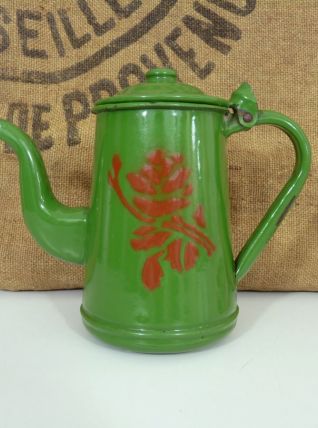 Petite cafetière, théière ancienne en tôle émaillée verte 