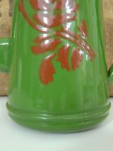 Petite cafetière, théière ancienne en tôle émaillée verte 