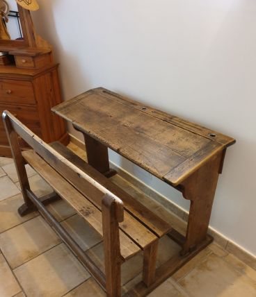 Pupitre écolier 1950 avec encriers en verre bois macif