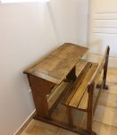 Pupitre écolier 1950 avec encriers en verre bois macif