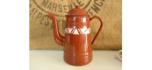 Petite cafetière, théière ancienne en tôle émaillée marron 