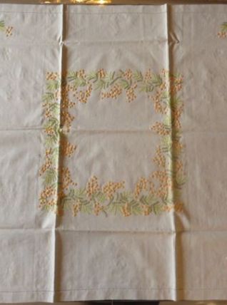 Nappe en lin écru, brodée à la main, 90 x 90 cm