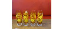 4 flutes en verre jaune, fleurs de lotus vintage 1970