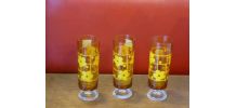4 flutes en verre jaune, fleurs de lotus vintage 1970