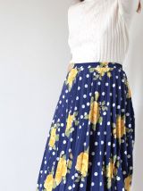 Jupe plissée fluide bleu pois blancs et fleurs taille 40/42