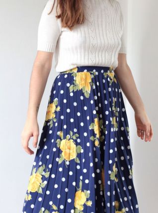 Jupe plissée fluide bleu pois blancs et fleurs taille 40/42