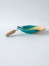 Ensemble beurrier et couteau épi de maïs, céramique barbotin