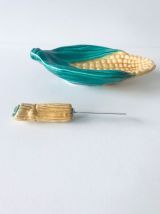 Ensemble beurrier et couteau épi de maïs, céramique barbotin