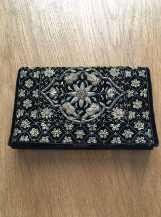 Sac à main Art Deco années 40 en velours noir – broderie mét