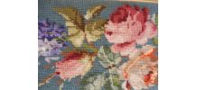 tapisserie canevas vintage encadrée fleurs roses et bleues