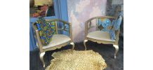 Lot de 2 fauteuils ancien style anglais, tissu wax
