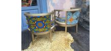 Lot de 2 fauteuils ancien style anglais, tissu wax