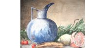 Tableau - Aquarelle ancienne fruits et pichet bleu