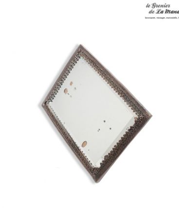 Ancien petit miroir de table biseauté, cadre deco lambrequin