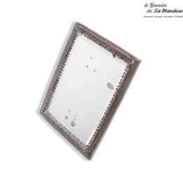 Ancien petit miroir de table biseauté, cadre deco lambrequin