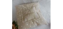 Joli coussin lin / coton brodé "Maison de Campagne"