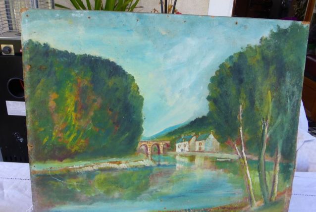 Tableau le moulin au bord du fleuve vintage 1950,non signé