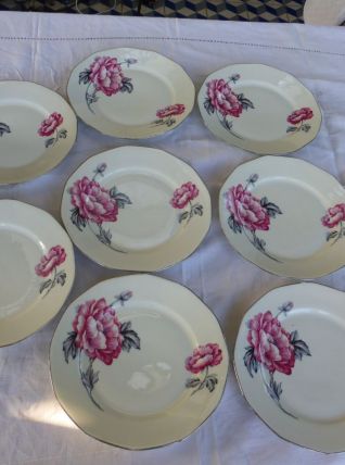 8 assiettes en porcelaine modele pivoines, art deco