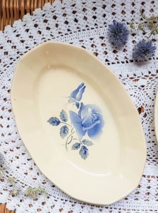 Ravier Plat oval Digoin Sarreguemines Rose bleu modèle Canne