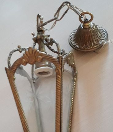 lustre lanterne bronze verre cisele taillè  28x12 avec sa ch