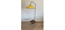  Lampadaire tripode tablette abat-jour tôle perforée vintage