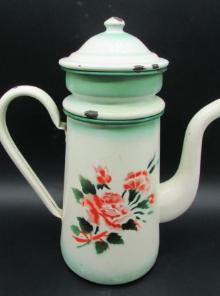ancienne cafetière tôle émaillée décor de roses