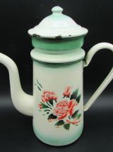 ancienne cafetière tôle émaillée décor de roses
