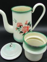 ancienne cafetière tôle émaillée décor de roses